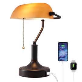 Liylan Vintage Bankers Desk Lamp with Pull Chain Switch, Traditional Desk Lamp with USB A and Type C Charging Port, Oil Rubbed Bronze Table Lamp with Amber Glass Shade for Office, Library, Study Room
