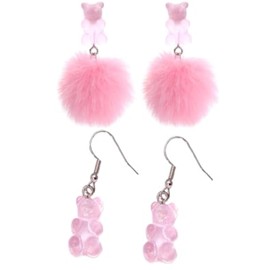 Fuqimanman2020 2 pairs Cartoon plush ball and Colored Resin gummy bear earrings Pom Pom Bear Dangle Earrings Acrylic Big Drop Dangle Stud Earrings for Women Party Jewelry Gifts