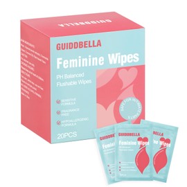 GUIDDBELLA Feminine Wipes for Women - Individually Wrapped Flushable Wipes, PH-Balanced, Alcohol-Free, Unscented, Safe for Sensitive Skin (20 Count)