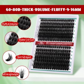 FADVAN Fluff Lash Clusters 60D+80D Thick Eyelash Clusters D Curly Wispy Individual Lashes 9-16mm Cluster Eyelash Extensions 280pcs False Eyelashes DIY Flat Lash Extension