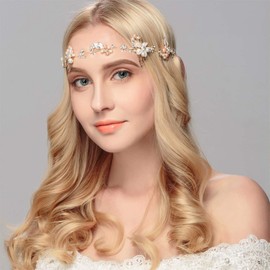 Anglacesmade Bridal Headband Flower and Leaf Head Chain Pearl and Crystal Headpiece for Bridesmaid Bride Prom Party Festivsal Hair Accessories for Women and Girls (Rose gold)