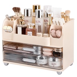 Anyoifax Makeup Organizer Countertop with Large Drawers, Vanity Organizer with Brush Holder, Skin Care Stroage for Dresser, Perfume Organizer for Lotion, Lipsitck, Palettes, Beige