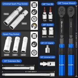 ALAIAL 3/8 Inch Drive Magnetic Spark Plug Socket Set with Click Torque Wrench 5-45FT.LB/6.8-61Nm, 14PCS Swivel Spark Plug Socket, Universal Joint, Extension Bar, CR-V Steel for Easy Spark Plug Removal