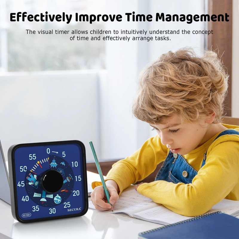 Secura 7.5-Inch Astronaut Pattern Visual Timer for Kids, 60-Minute Countdown