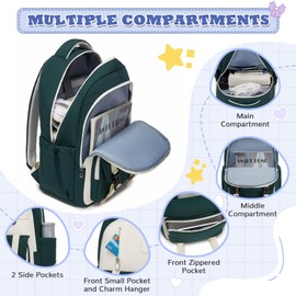 Kono School Bag for Boys and Girls, Lightweight Kids Backpack, Large Capacity Fits A4 Books and 15.6 Inch Laptop, Water Resistant Teenager Rucksack for Travel and Daily Use (Green/Beige)