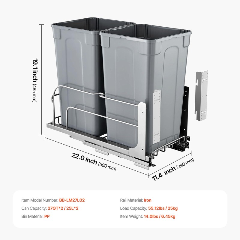 VEVOR Pull-Out Trash Can, 27 QT x2 Double Under Mount