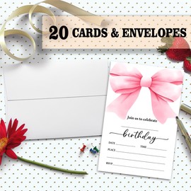 Nopoben Pink Bow Birthday Invitation Cards For Girls, Birthday Invites for Adult Teens Birthday Party Supplies 20 pcs Double-Sided Fill-In Invitation Cards with Envelopes -03
