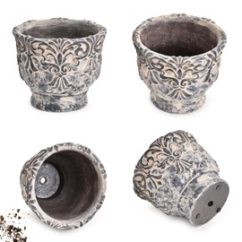 Sungmor 7.3 Inch Cement Plant Pot for Plants, Succulent Planter with Embossed Design, Vintage Concrete Flowerpots with Drainage Hole, Decorative Orchid Houseplant Pot Indoor Outdoor Plant Container