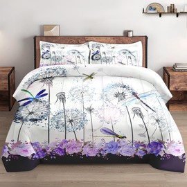 WeCozy Comforter Set Queen Size with 2 Pillowcases, Vintage Summer Botanical 3 Pcs Bedding for Kids and Adults, Spring Dragonfly Purple Flower Soft Comforter Set for Bedroom Bed Decor