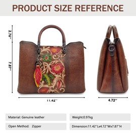 Genuine Leather Vintage Bag for Women: Cowhide Leather Crossbody Purse - Flower Embossed Handbag (coffee)