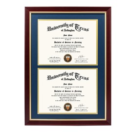 GMFrames Double Diploma Frame for Two 8.5x11 Certificate with Navy over Gold Mat, Solid Wood, UV Protection Acrylic, Cherry Finish with Gold Trim