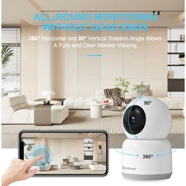 Evoeyee Security Camera Indoor 2K Baby Monitor, 360° Pet/Dog Cameras for Home Security with Motion Detection, 2.4/5GHz WiFi, with Night Vision, Phone App, 2-Way Audio, Cloud & SD Card Storage