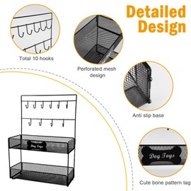 Brabtod Dog Toy Basket,2-Tier Metal Dog Toy Bin,Mesh Wire Dog Stuff Organizer,Sturdy Dog Toy Box,Dog Storage Organizer Rack with Hooks,Ideal for Dog Leashes,Collors,Treat,Toys