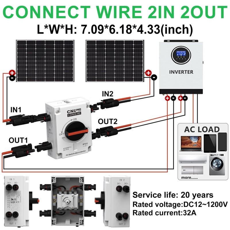 CNLonQcom Solar Disconnect Switch 2 Strings 32A DC1500V 2in 2out