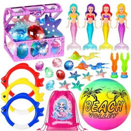Pool Diving Toys for Kids Ages 3-12, DRAMATION 25 Pcs Mermaid Dive Pool Toys with Diving Gems and Treasure Chest, Diving Rings, Storage Bag, Summer Beach Swim Water Sinking Toys for Boys Girls 3-5 4-8