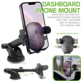 Cellet Dashboard Phone Mount, Reusable Suction Cup Dashboard Phone Holder with 360 Degree Rotation and Extendable 270 Degree Arm
