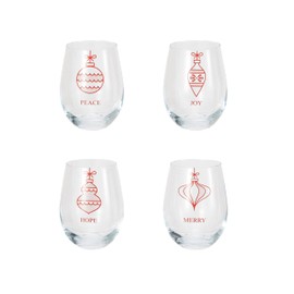 Creative Co-Op Stemless Wine Glasses with Ornament and Word Prints, Red, Set of 4