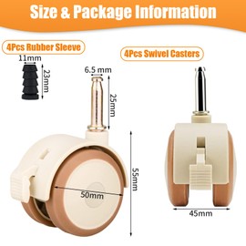 4 Pcs Swivel Double Castors with Rubber Sleeve and Brakes, Metal Plunger Stem Design Small Furniture Wheels, Crib Replacement Caster for Cabinet, Trolley, Baby Cradle, Tiny Shopping Cart, Toy Rack