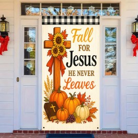 BlissYard Fall for Jesus Door Cover Thanksgiving Backdrop Pumpkin Cross Sunflower 71x35 Inch Christian Fall Banner for Autumn Decorations Sign for Porch Wall Decor Photo Booth Props