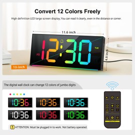 Abovsare Digital Wall Clock Large Display, 13" Alarm Clock with 12 RGB Colors Changing Remote Control, LED Clocks with Night Lights for Living Room Bedroom Office Wall Decor, Black