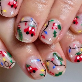 24Pcs Christmas Holly Press on Nails Short Square False Nails,Christmas Fake Nails with Colorful Lights Designs Cute Cartoon Acrylic Nails Full Cover Xmas Stick Glue on Nails for Women Girls