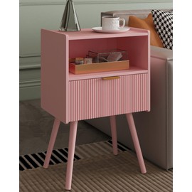 Veegle Nightstand,Modern Bedside Table with Storage Drawer and Open Wood Shelf, Accent Night Stand with Solid Wood Legs for Living Room, Bedroom and Small Spaces,Easy Assembly (Pink)
