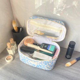 WYJ Blue Large Quilted Floral Makeup Bag Cute Soft Coquette Aesthetic Cosmetic Bag Cotton Travel Toiletry Bag for Women
