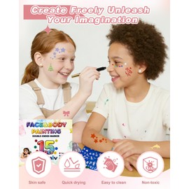 Oiomniv Temporary Tattoo Markers for Skin, 15PCS Dual-End Tattoo Pens Body Markers for Kids Adults, 78 Tattoo Stencils 2 Face Gems Stickers, Glitter Matte Tattoo Pens, Flexible Brush Tip, Skin Safe