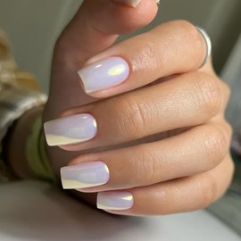 Chrome Glazed Donut Press on Nails Medium Short Square Pearl White Short Gel Nails Press ons Glossy Acrylic Nails Reusable Fake Nails for Women Glue on Nails Medium Length Thick False Nails 24Pcs