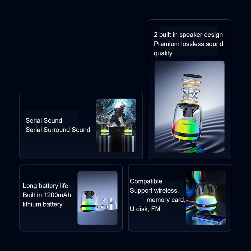 RGB Bluetooth 5.1 Speaker 1200mAh USB Rechargeable IPX4 Waterproof 9D
