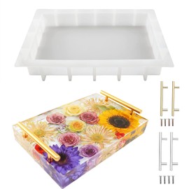 Molde grande de silicona para resina, 13.5 x 9.5 pulgadas de profundidad rectangular de bandeja de epoxi con 4 asas doradas y plateadas, molde de mesa de resina para mesa de río, decoración