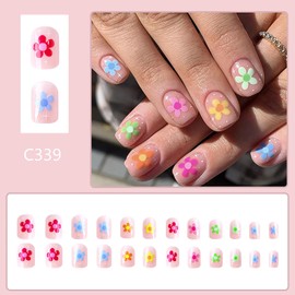 Flower Press on Nails Short Square Fake Nails Nude Pink Full Cover False Nails with Polychrome Floral Designs Spring Nails Glossy Stick on Nails Reusable Nails for Women Girls 24 Pcs