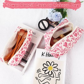 ZLFSRQ Floral Pencil Case Cute Pencil Pouch Quilted Makeup Bag Small Travel Cosmetic Bag Preppy Pen Bags Aesthetic Toiletry Bags Makeup Pouch for Purse Zipper Skincare Storage Organizer, pink, Pink