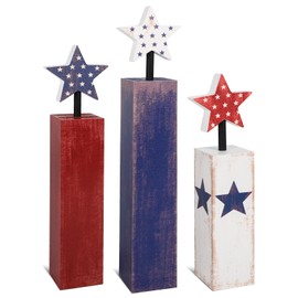 COCHIE 4th of July Decorations Set, Red White Blue Decor, Wooden Patriotic Memorial Day Tiered Tray Decor, Labor Day Decorations, Fourth of July Decoration for Home Office Table (Solid Retro)