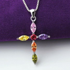 SUGARKITTEN LONDON Rhodium on Sterling Silver Muti-Coloured CZ Cross Necklace Pendant