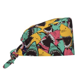 Ocean Shark Colorful Adjustable Working Cap Breathable Unisex Women Men Elastic Bandage Tie Back Hats Scrub Nursing Doctor Surgeon Cap