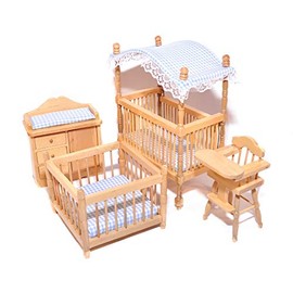 Melody Jane Dollhouse Oak Light Blue Gingham Children's Room Furniture Miniature Baby Boy Room Set