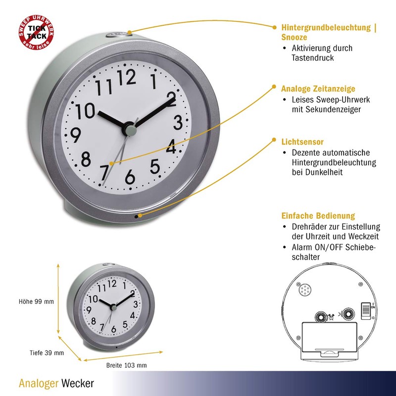 TFA Dostmann 60.1034.04 Analogue Alarm Clock with Silent Movement with