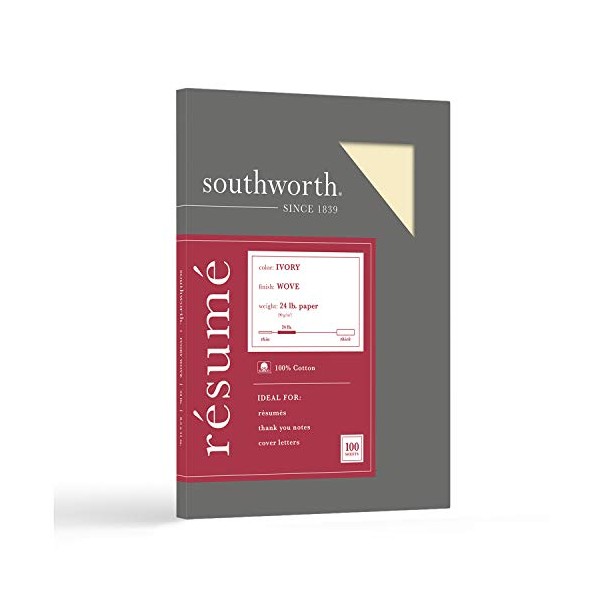 Southworth® 100% Cotton Résumé Paper, 8 1/2" x 11", 24 Lb, 100% Recycled, Ivory, Pack of 100
