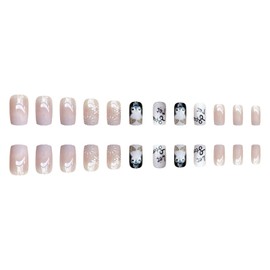 Christmas Fake Nails Short Square Winter Press on Nails Nude Full Cover White Snow Penguin False Nails with Designs Glossy Glue on Nails Cute Acrylic Nails Artificial Nails for Women Girls 24Pcs