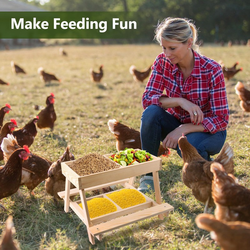 Double Chicken Picnic Table, Large Capacity Wooden Chicken Feeder No