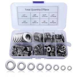 GOLD DEER 270 Pcs Stainless Steel Washer Assortment Set, 8 Sizes, 1/2 Inch, 3/8 Inch, 5/16 Inch, 1/4 Inch, 12# 10#, 8#, 6# Fender Washers Assortment Kit, Assorted