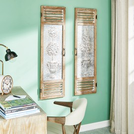 Deco 79 Metal Tree Home Wall Decor Relief Wall Sculpture with Louvered Design, Set of 2 Wall Art 15"W, 52"H, Brown