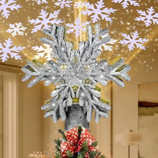 RNSSEZ Snowflake Christmas Tree Topper Decorations, 3D Silver Glittered with LED Rotating Snowflake Projector for Holiday Tree Decoration