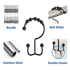 Shower Curtain Hooks Rings Titanker, Stainless Steel Rust Resistant Double Glide Rollers Extra Wide Shower Curtain Rods Hooks for Bathroom, Set of 18 Hooks - Matte Black