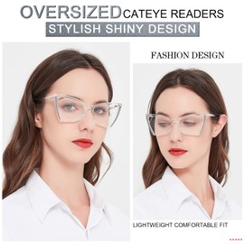 MARE AZZURO Oversized Reading Glasses Women Stylish Cat Eye Readers 100 125 150 175 200 225 250 275 300 350 400 500 600 (Transparent, 4.0)