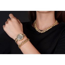 Halukakah Diamond Gold Watch, Women's 18K Genuine Gold/Rose Gold/Platinum Plated White Gold 30 mm Wide Round Dial Quartz Bracelet 19 cm with Cuban Chain Necklace Bracelet, Free Gift Box, platinum