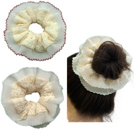 Large French Two Layered Hair Scrunchies Chiffon And Lace Elastic Hair Ties, Ruffle Ponytail Holder Hair Accessories For Women,Red And Green Scrunchies Hair Accessories