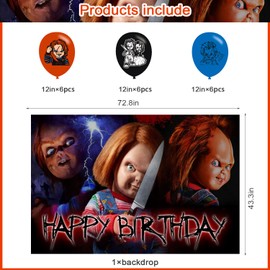 Horror Movie Birthday Party Decoration,Chucky Party Photo Background 5 x 3 FT and 18 Pcs Balloon,Horror Movie Merch Party Backdrop Supplies