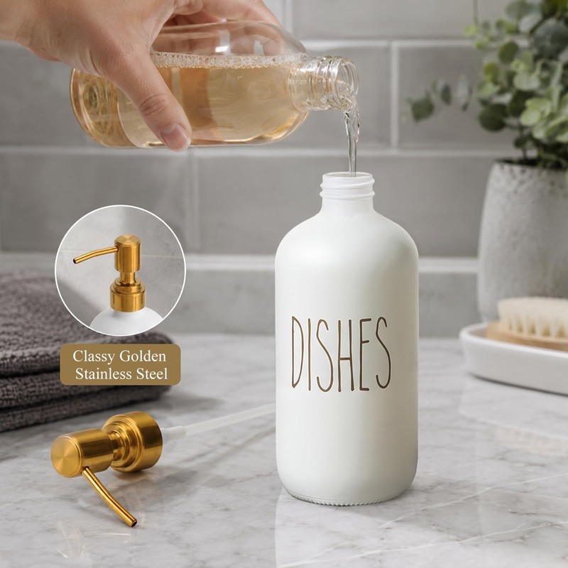 Matte White Glass Dish Soap Dispenser 16Oz with Gold Stainless